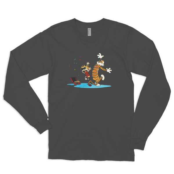 Calvin and Hobbes Dancing with Record Player Long Sleeve Shirt - Asphalt / Small by Art-O-Rama