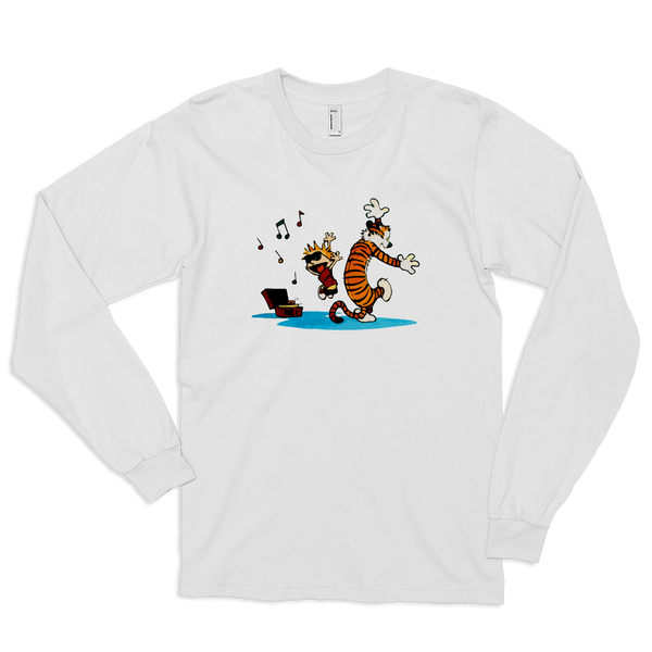 Calvin and Hobbes Dancing with Record Player Long Sleeve Shirt - White / Small by Art-O-Rama