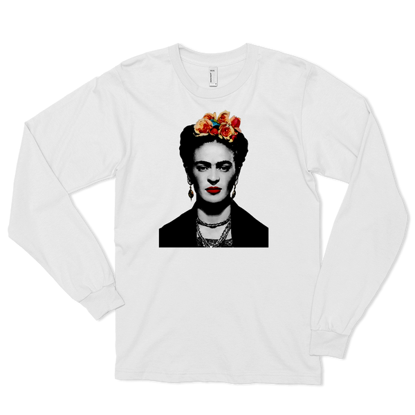 Frida Kahlo With Flowers Poster Artwork Long Sleeve Shirt - White / Small by Art-O-Rama