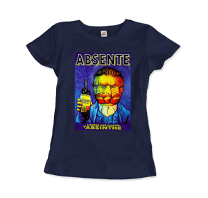 Absente, Vintage Absinthe Liquor Advertisement with Van Gogh T-Shirt - Women / Navy / Small by Art-O-Rama