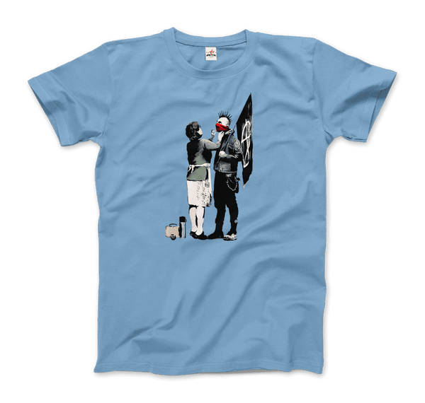 Banksy Anarchist Punk And His Mother Artwork T-Shirt - Men / Light Blue / Small by Art-O-Rama