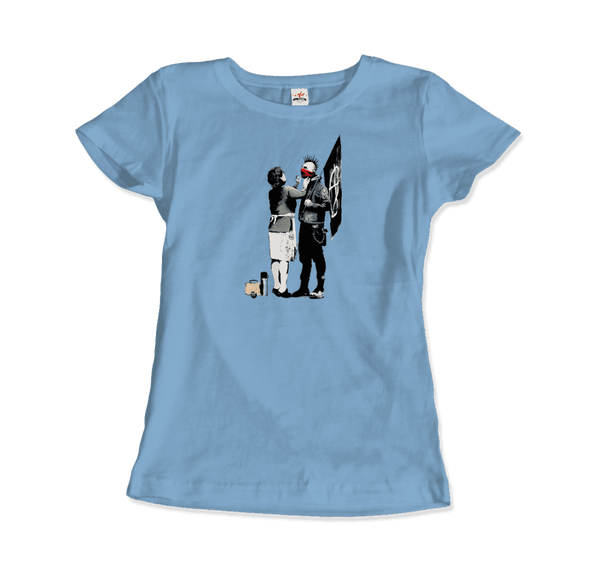 Banksy Anarchist Punk And His Mother Artwork T-Shirt - Women / Light Blue / Small by Art-O-Rama