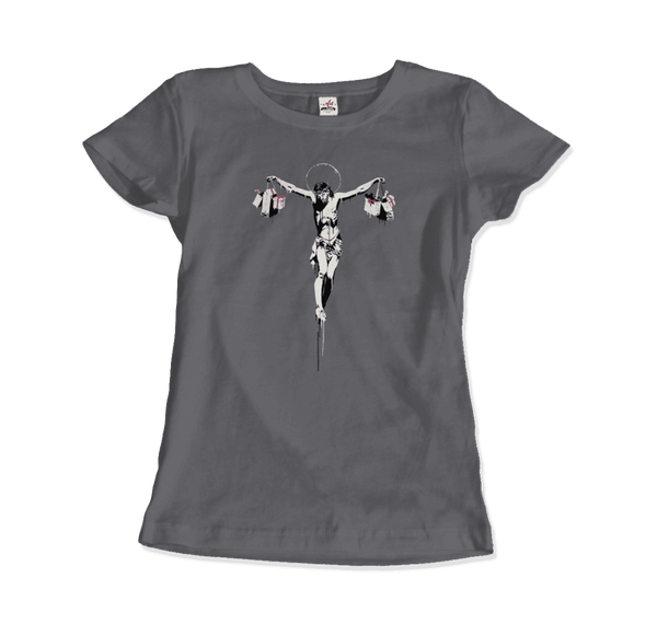 Banksy Christ with Shopping Bags Street Art T-Shirt - Women / Charcoal / Small - T-Shirt