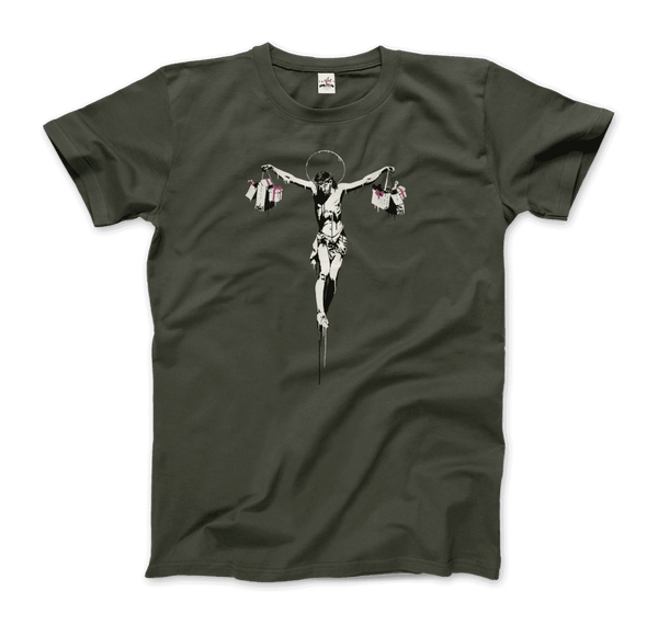 Banksy Christ with Shopping Bags Street Art T-Shirt - Men / Military Green / Small - T-Shirt