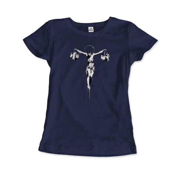 Banksy Christ with Shopping Bags Street Art T-Shirt - Women / Navy / Small - T-Shirt