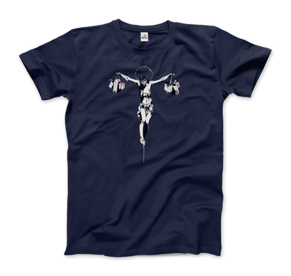 Banksy Christ with Shopping Bags Street Art T-Shirt - Men / Navy / Small - T-Shirt