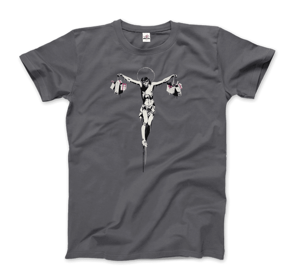 Banksy Christ with Shopping Bags Street Art T-Shirt - Men / Charcoal / Small - T-Shirt