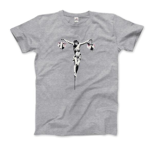 Banksy Christ with Shopping Bags Street Art T-Shirt - Men / Heather Grey / Small - T-Shirt