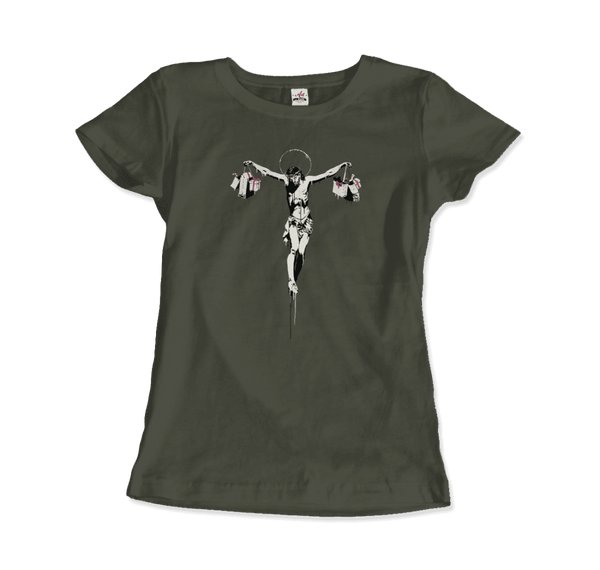 Banksy Christ with Shopping Bags Street Art T-Shirt - Women / Military Green / Small - T-Shirt