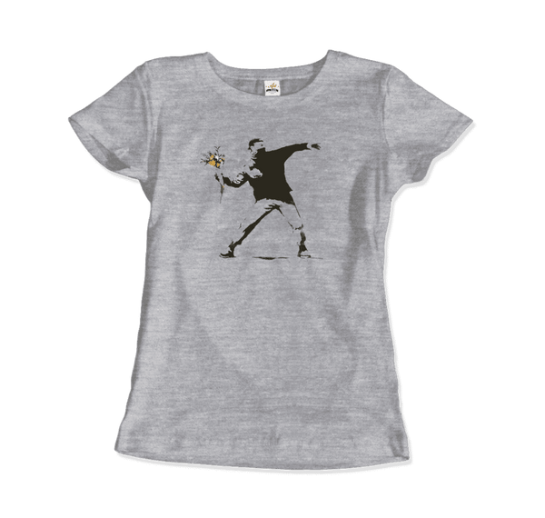Banksy Flower Thrower Artwork T-Shirt - Women / Heather Grey / Small - T-Shirt