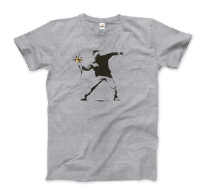 Banksy Flower Thrower Artwork T-Shirt - Men / Heather Grey / Small - T-Shirt