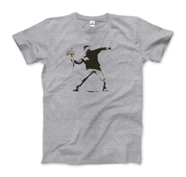 Banksy Flower Thrower Artwork T-Shirt - Men / Heather Grey / Small - T-Shirt