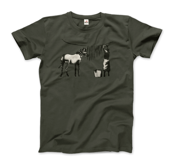 Banksy Zebra Stripes Artwork T-Shirt - Men / Military Green / Small - T-Shirt