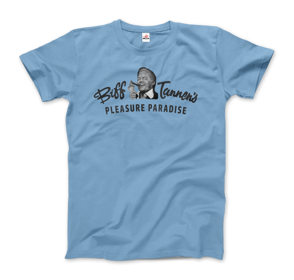 Biff Tannen's Pleasure Paradise Dusted Logo - Back to the Future T-Shirt - Men / Light Blue / Small by Art-O-Rama