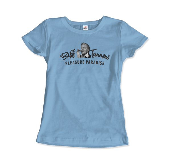 Biff Tannen's Pleasure Paradise Dusted Logo - Back to the Future T-Shirt - Women / Light Blue / Small by Art-O-Rama
