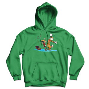 Calvin and Hobbes Dancing with Record Player Unisex Hoodie - Irish Green / S by Art-O-Rama