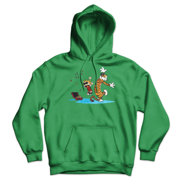 Calvin and Hobbes Dancing with Record Player Unisex Hoodie - Irish Green / S by Art-O-Rama
