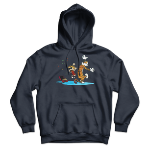 Calvin and Hobbes Dancing with Record Player Unisex Hoodie - Navy / S by Art-O-Rama