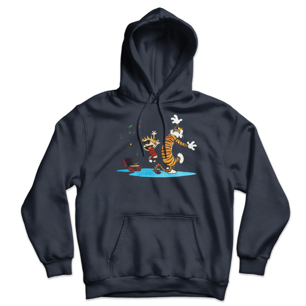 Calvin and Hobbes Dancing with Record Player Unisex Hoodie - Navy / S by Art-O-Rama