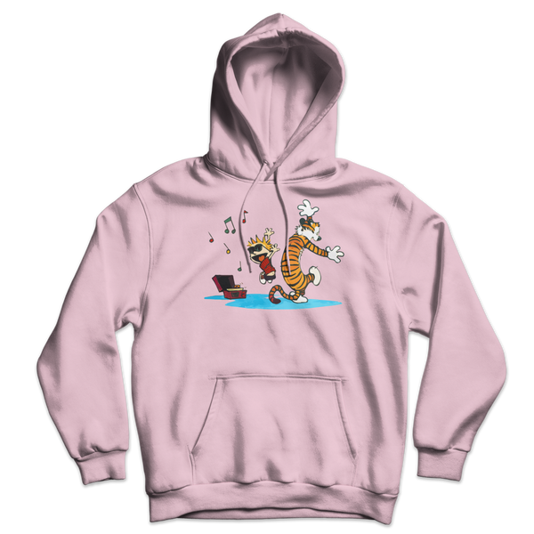 Calvin and Hobbes Dancing with Record Player Unisex Hoodie - Light Pink / S by Art-O-Rama
