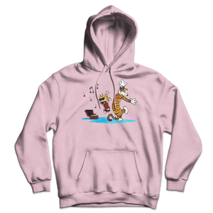 Calvin and Hobbes Dancing with Record Player Unisex Hoodie - Light Pink / S by Art-O-Rama