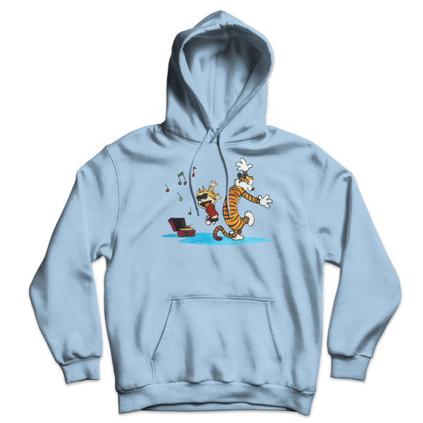Calvin and Hobbes Dancing with Record Player Unisex Hoodie - Light Blue / S by Art-O-Rama