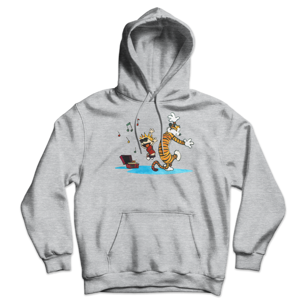 Calvin and Hobbes Dancing with Record Player Unisex Hoodie - Sport Grey / S by Art-O-Rama