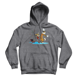 Calvin and Hobbes Dancing with Record Player Unisex Hoodie - Dark Heather / S by Art-O-Rama