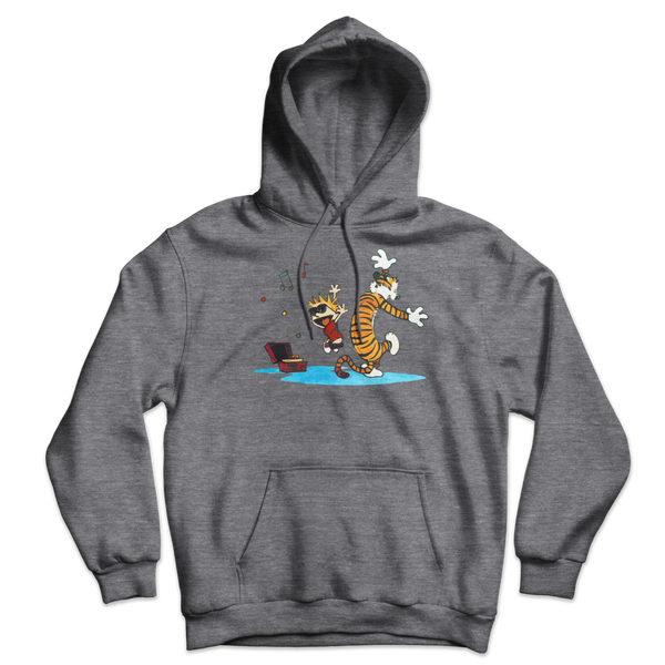 Calvin and Hobbes Dancing with Record Player Unisex Hoodie - Dark Heather / S by Art-O-Rama
