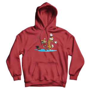 Calvin and Hobbes Dancing with Record Player Unisex Hoodie - Red / S by Art-O-Rama