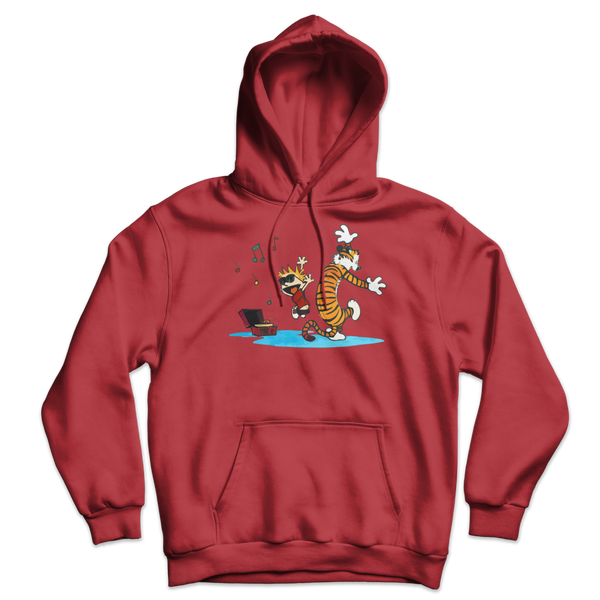 Calvin and Hobbes Dancing with Record Player Unisex Hoodie - Red / S by Art-O-Rama
