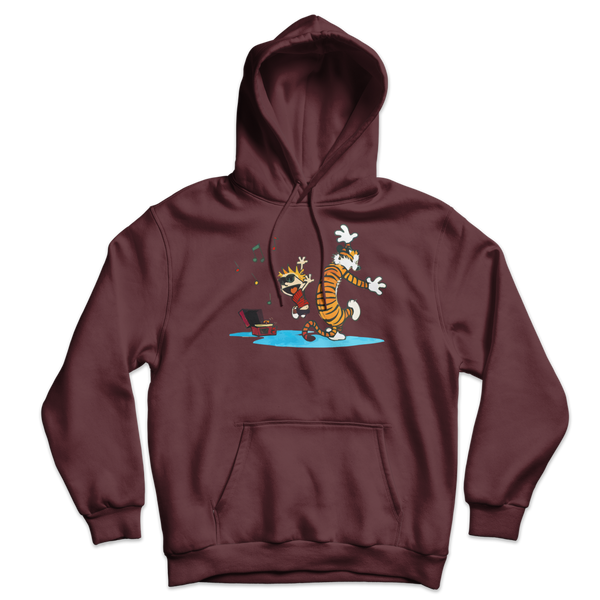 Calvin and Hobbes Dancing with Record Player Unisex Hoodie - Maroon / S by Art-O-Rama