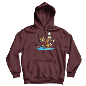 Calvin and Hobbes Dancing with Record Player Unisex Hoodie - Maroon / S by Art-O-Rama
