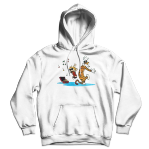 Calvin and Hobbes Dancing with Record Player Unisex Hoodie - White / S by Art-O-Rama