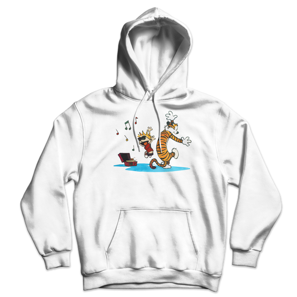 Calvin and Hobbes Dancing with Record Player Unisex Hoodie - White / S by Art-O-Rama