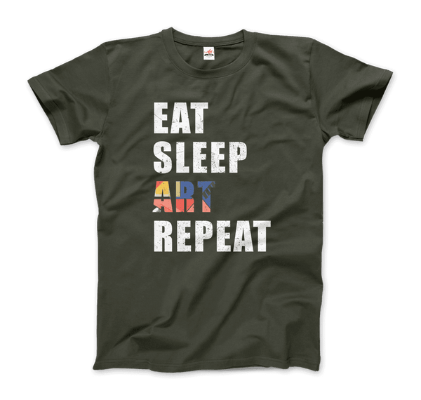 Eat Sleep Art Repeat Distressed Design T-Shirt - Men / Military Green / Small - T-Shirt