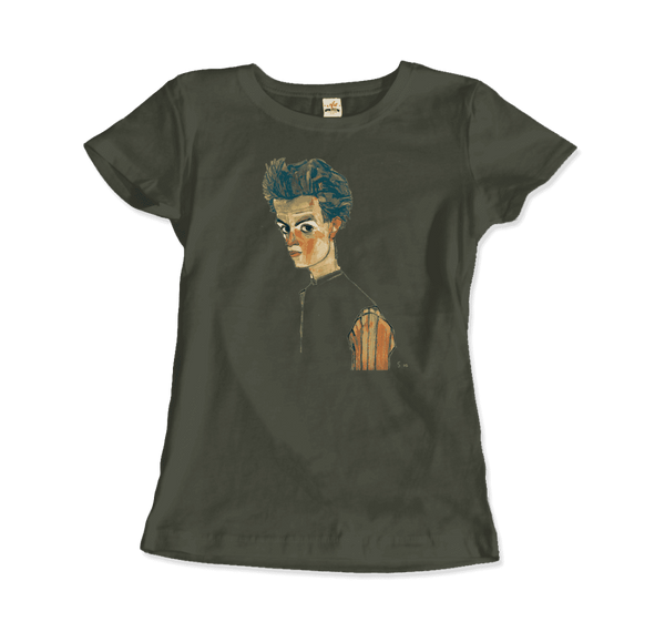Egon Schiele Self-Portrait Art T-Shirt - Women / Military Green / Small - T-Shirt