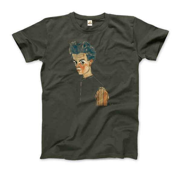 Egon Schiele Self-Portrait Art T-Shirt - Men / Military Green / Small - T-Shirt
