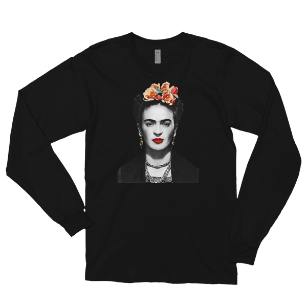 Frida Kahlo With Flowers Poster Artwork Long Sleeve Shirt - Black / Small by Art-O-Rama