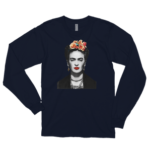 Frida Kahlo With Flowers Poster Artwork Long Sleeve Shirt - Navy / Small by Art-O-Rama