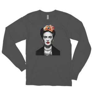 Frida Kahlo With Flowers Poster Artwork Long Sleeve Shirt - Asphalt / Small by Art-O-Rama
