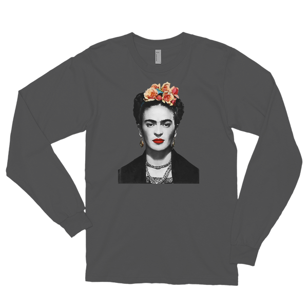 Frida Kahlo With Flowers Poster Artwork Long Sleeve Shirt - Asphalt / Small by Art-O-Rama