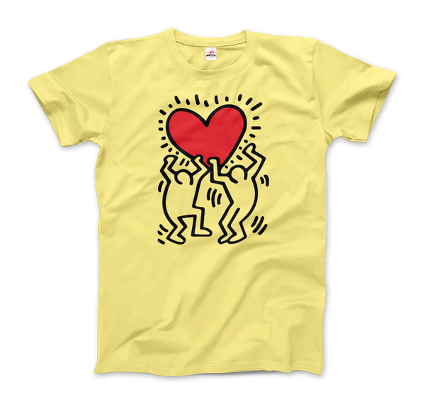 Keith Haring Men Holding Heart Icon, Street Art T-Shirt - Men / Spring Yellow / Small by Art-O-Rama