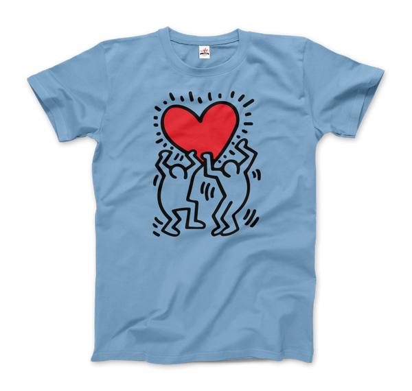 Keith Haring Men Holding Heart Icon, Street Art T-Shirt - Men / Light Blue / Small by Art-O-Rama