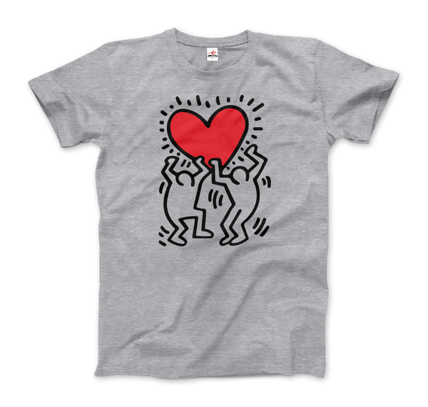 Keith Haring Men Holding Heart Icon, Street Art T-Shirt - Men / Heather Grey / Small by Art-O-Rama