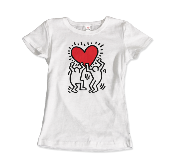 Keith Haring Men Holding Heart Icon, Street Art T-Shirt - Women / White / Small by Art-O-Rama