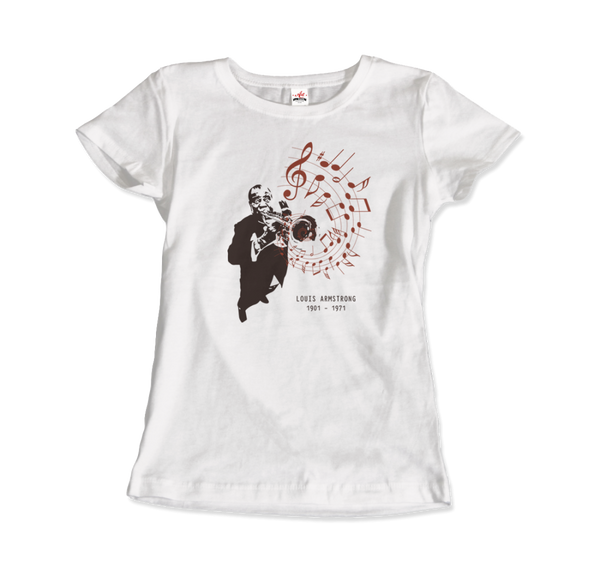 Louis Armstrong (Satchmo) Playing Trumpet T-Shirt - Women / White / Small by Art-O-Rama