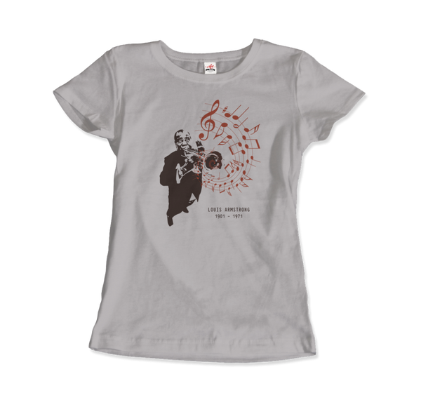 Louis Armstrong (Satchmo) Playing Trumpet T-Shirt - Women / Silver / Small by Art-O-Rama
