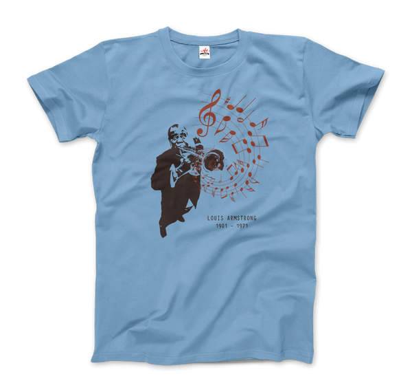 Louis Armstrong (Satchmo) Playing Trumpet T-Shirt - Men / Light Blue / Small by Art-O-Rama