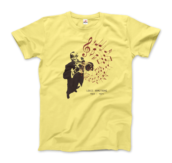 Louis Armstrong (Satchmo) Playing Trumpet T-Shirt - Men / Spring Yellow / Small by Art-O-Rama